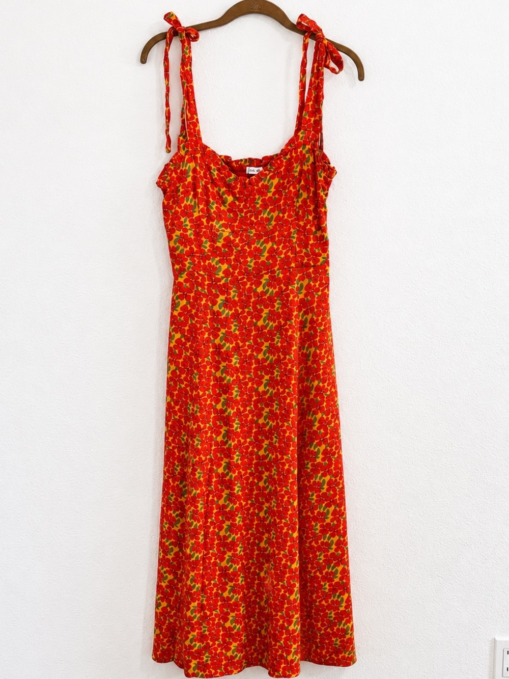 Olivia Grace Mango Floral Tie Strap Midi Dress Red Orange Summer Sundress Size M